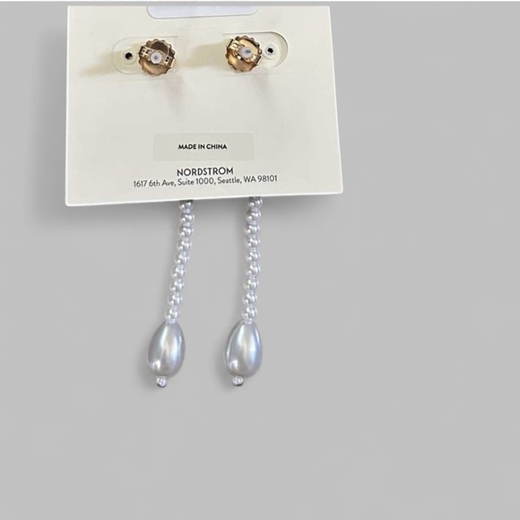 Open Edit-Crystal Bow Faux Pearl Drop Earrings-Gold/White-NWT - Picture 3 of 4